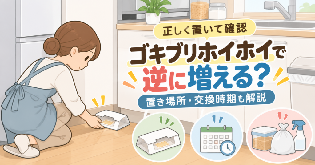 ゴキブリホイホイの置き場所・捕獲数・交換時期を解説するイラスト